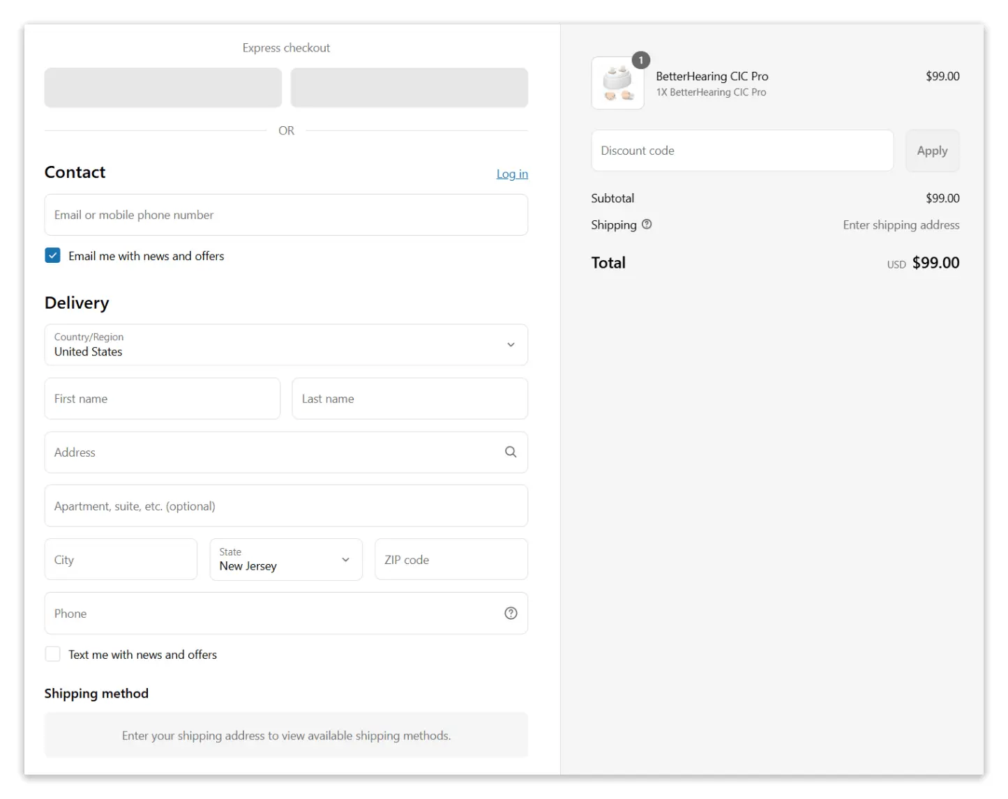 Better Hearing CIC Pro secure checkout page